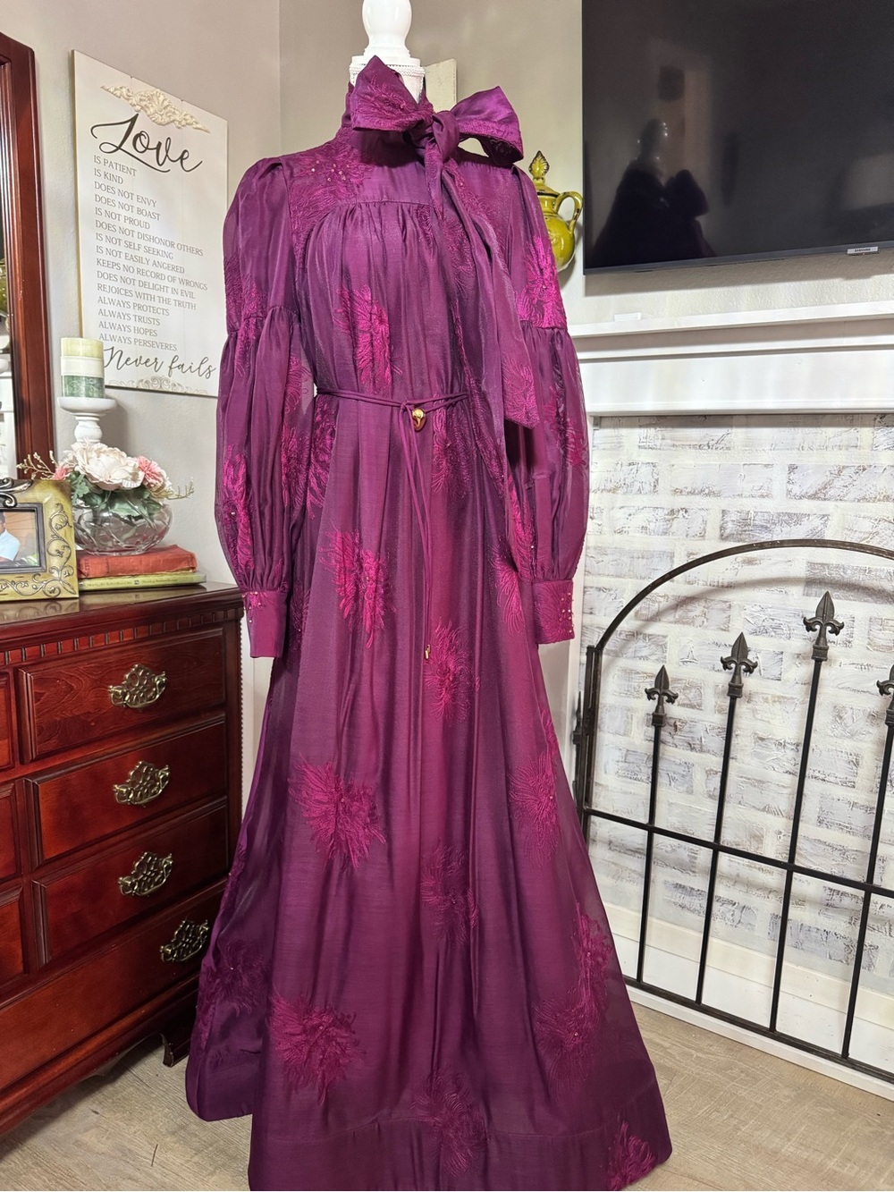 Vintage-Inspired Purple Long Sleeve Maxi Dress with Bow Neck